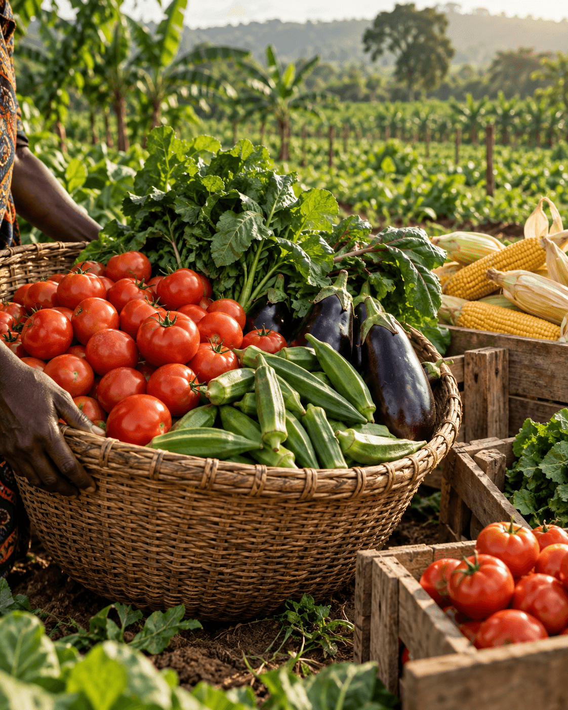 Illustrative harvest of colourful vegetables in a woven basket on a farm