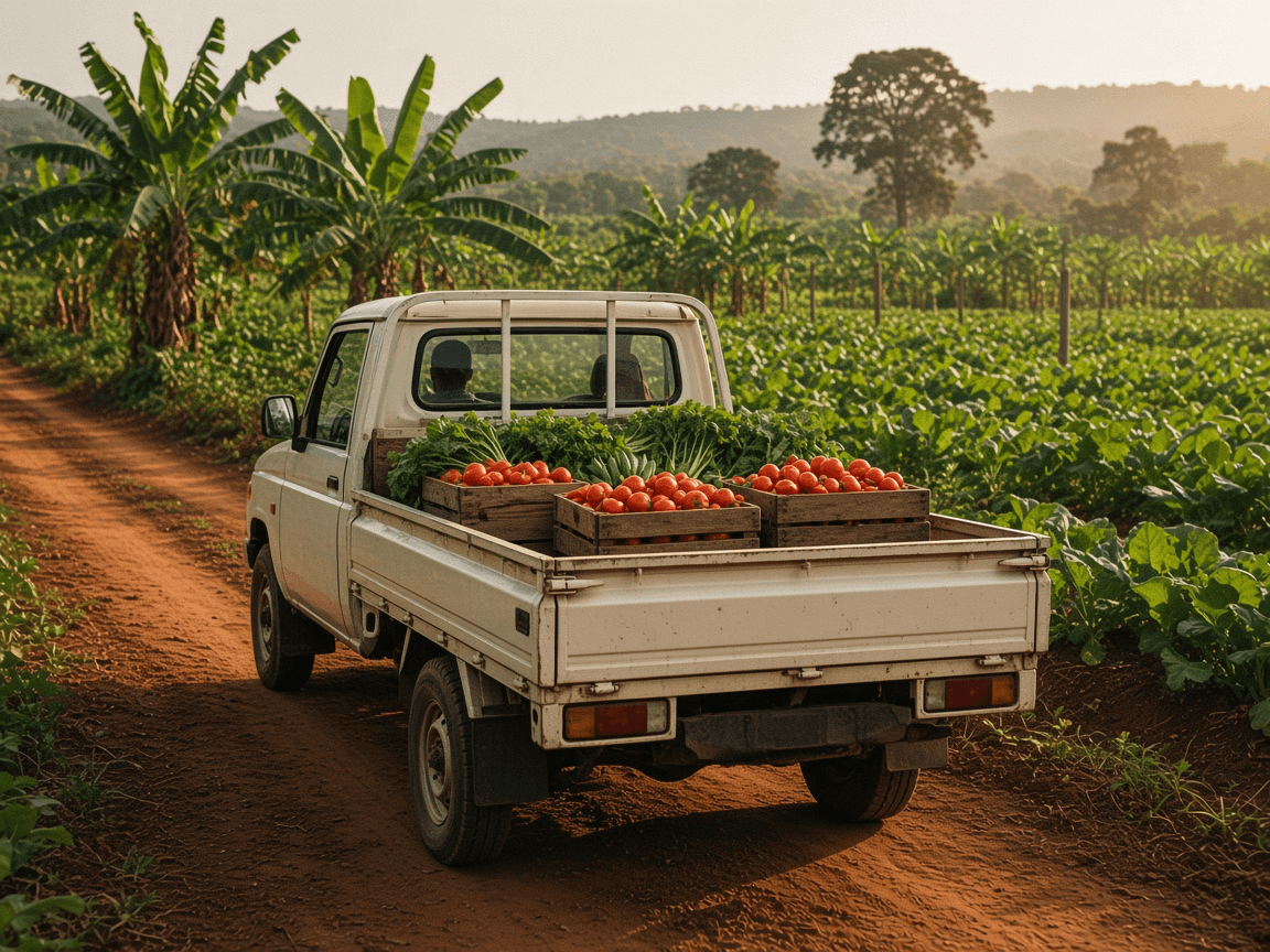 Illustrative pickup carrying crates of vegetables along a farm road