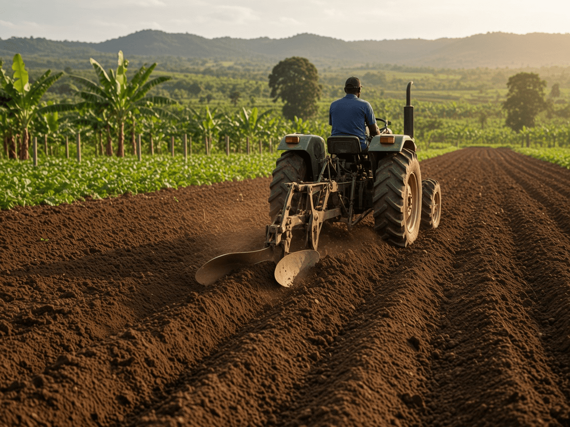 Illustrative tractor ploughing a farm field