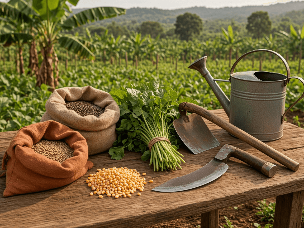 Illustrative seed, feed, and hand tools for a farm