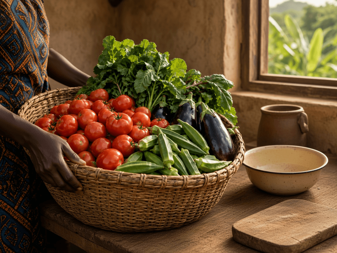 Illustrative basket of vegetables set down on a kitchen table