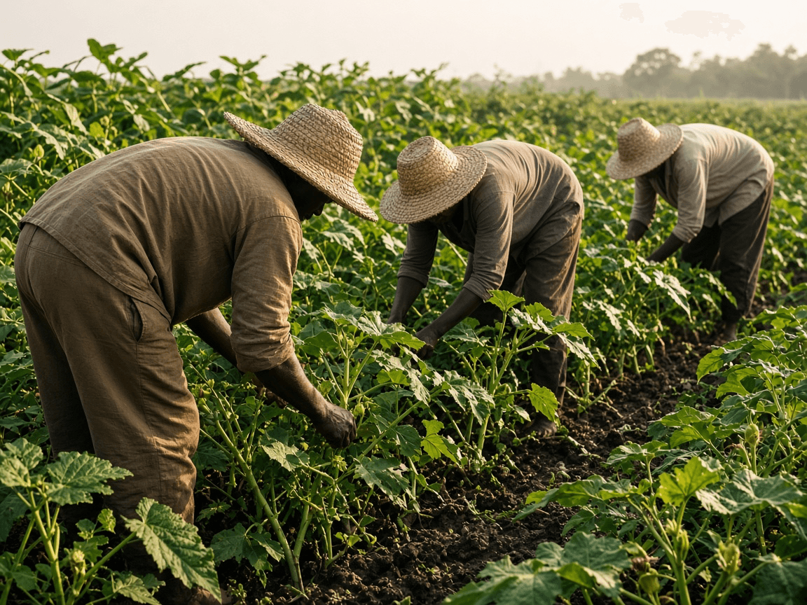 Illustrative farm workers in a vegetable field, faces turned away